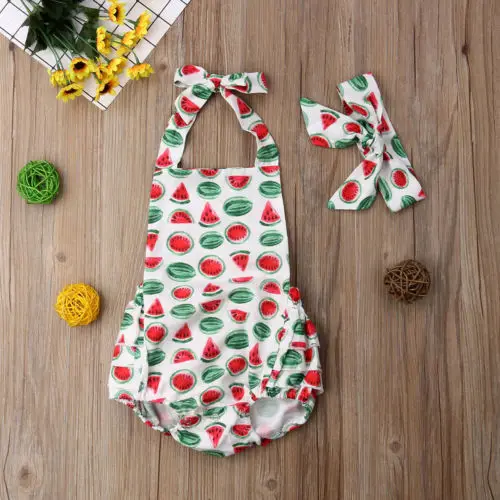

Watermelon Newborn Baby Girl Boy Strap Jumpsuit Rompe Headband Outfits