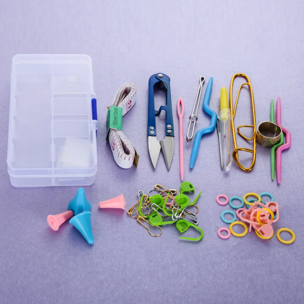 1 Набор крючков для вязания, плетения, штифтов, ножниц, рукоделия, аксессуары для вязания, инструменты для шитья «сделай сам» с пластиковой коробкой