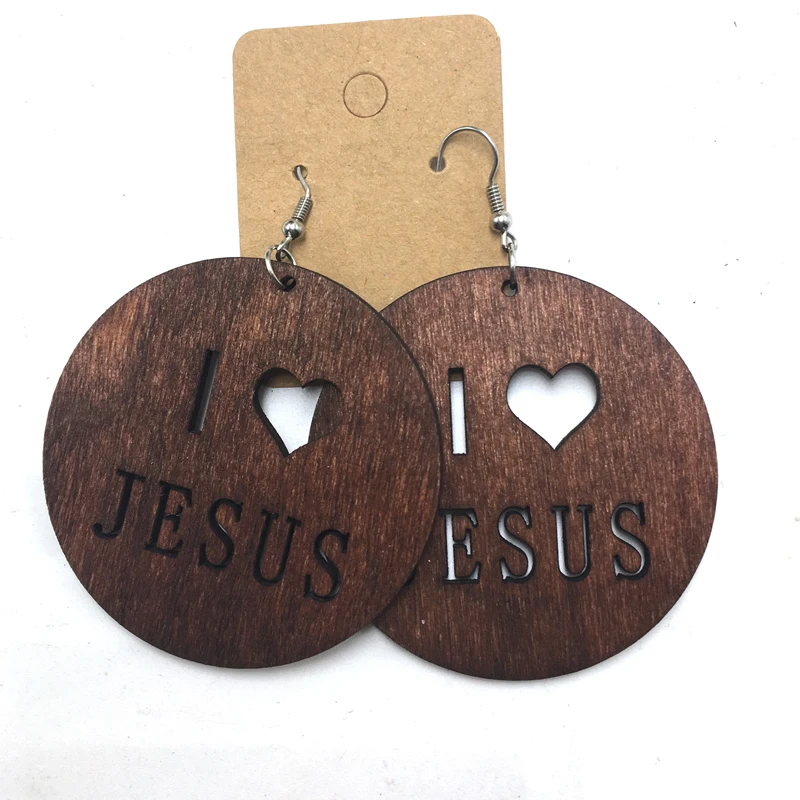 Бесплатная доставка! 6 пар/лот деревянные серьги с надписью I love Jesus можно смешать 3