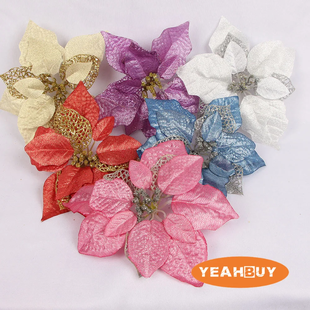 

22CM 6 Colors Artificial Glitter Christmas Flower Head Poinsettia Holiday Gift DIY Simulation Flower for Christmas Decoration