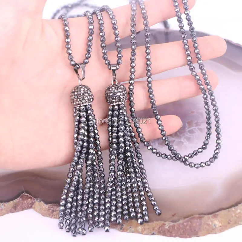 

5Pcs Black Hematite Necklace , Pave Rhinestone Tassel Jewelry Chains Necklaces