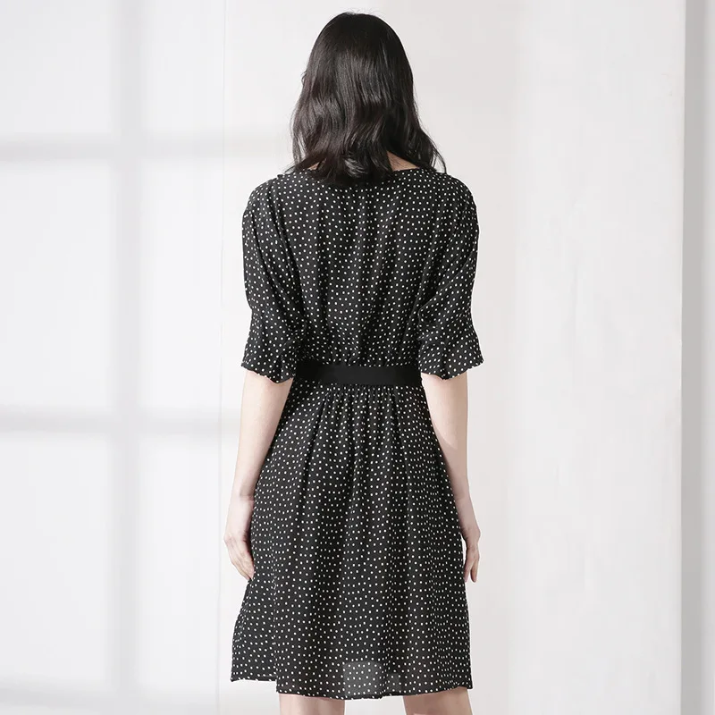 Elegant Dress For Women 100% Silk V Neck Dot Print Summer Dresses Female Casual A Line Loose Batwing Sleeve Lace Up Vestidos
