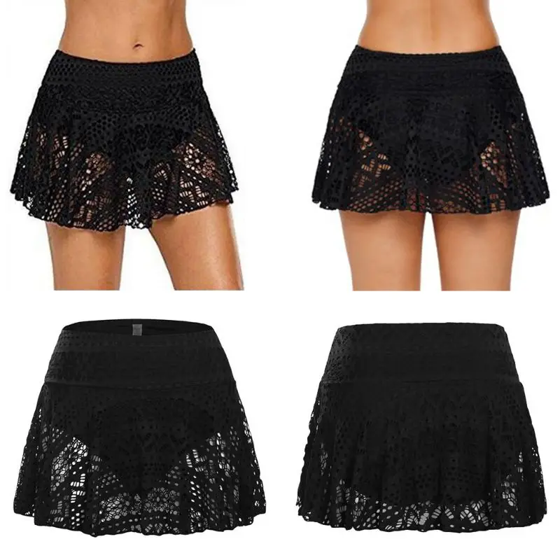 

Womens Summer Swim Pleated Swing Skirt High Waist Hollow Out Braided Crochet Bikini Bottoms Geometric Floral Lace Swimsuit With