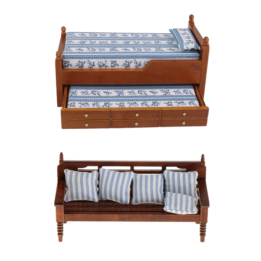 Modern Wooden Miniature 2-Layers Bed Chair Cushions Sofa Kit for 1/12 Dolls House Bedroom Decoration Accessories