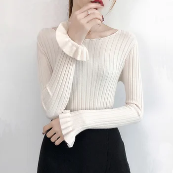 

Ruffle Sweater Women Autumn Winter Vintage Slim Solid Color Elastic Knitted Jumper Tops Female Bell Butterfly Sleeve Pullovers