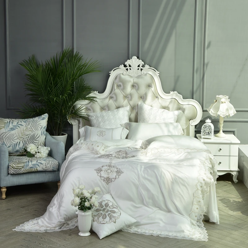 

White Luxury European style Bedding Set Queen King Size Bed set Lace Embroidery Tencel silk Soft Duvet Cover Bed Sheet set 4pcs