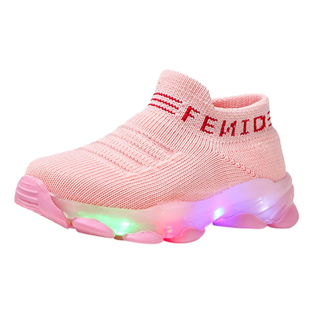 New Fashion Children Baby Girls Boys Letter Mesh Led Luminous Socks Sport Run Sneakers Casual Shoes Kids Shoes With LED - Цвет: B