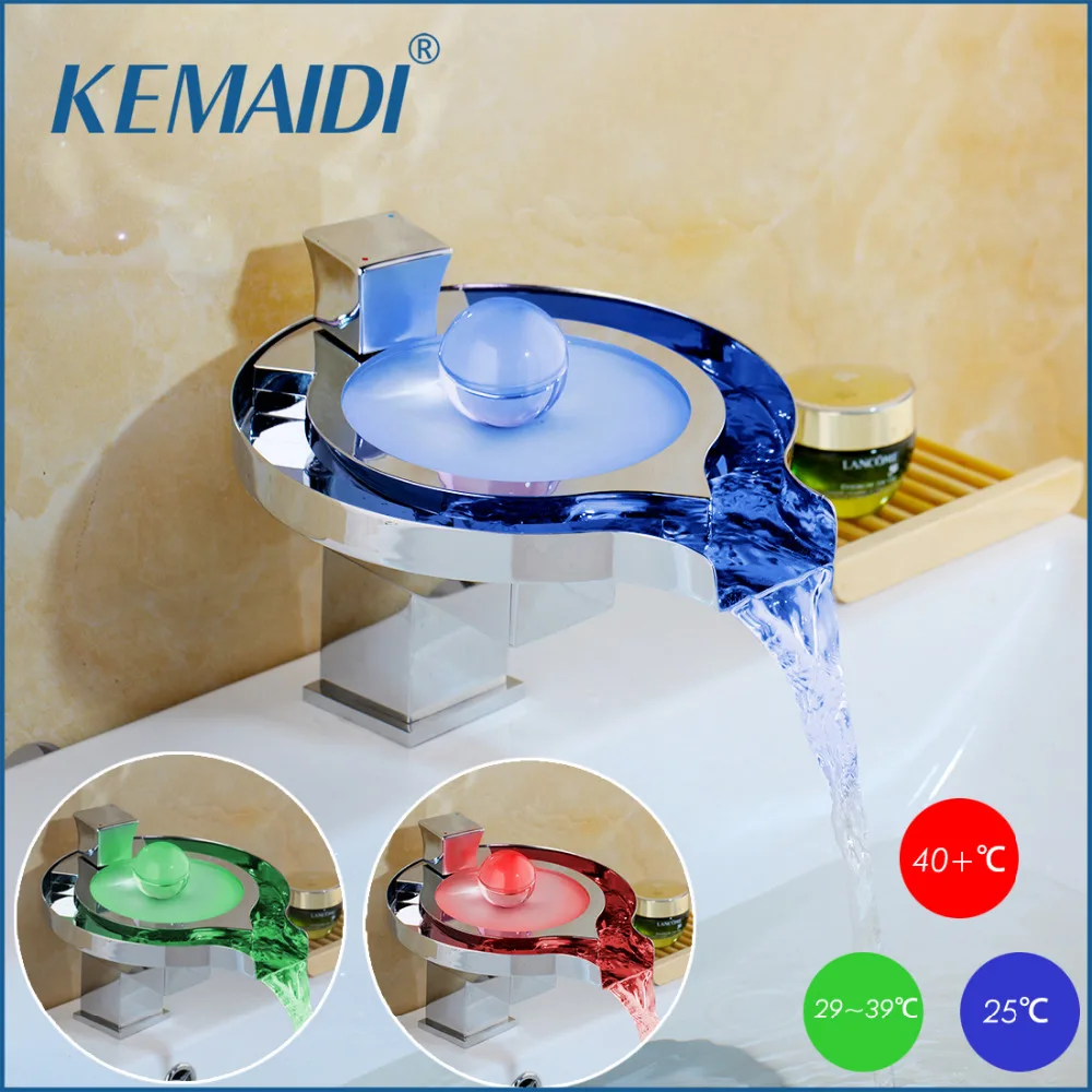 Günstig KEMAIDI Led Badezimmer Wasserhahn Messing Verchromt Wasserfall Bad Becken Armaturen 3 Farbe Ändern Tap Wasser Power Becken Led Mixer Wasserhahn