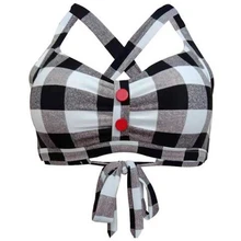 Винтажный пуш-ап бикини Топ контрастный цвет клетчатый принт бикини бюстгальтер сексуальный женский бандаж из двух частей раздельный купальник синий красный черный