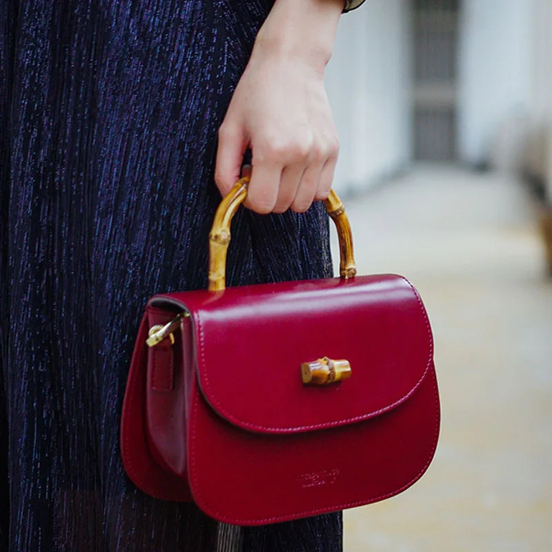 

2018 Fashion Bamboo handle handbag women small shoulder bags 100% genuine leather messenger bag crossbody bag real leather