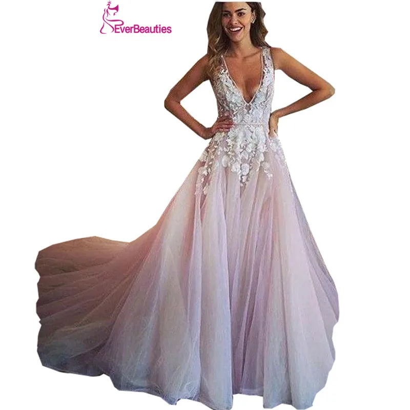 Халат Де Mariage Розовый Свадебные Платья 2017 Sexy V Шеи Тюль С Аппликацией Длиной до