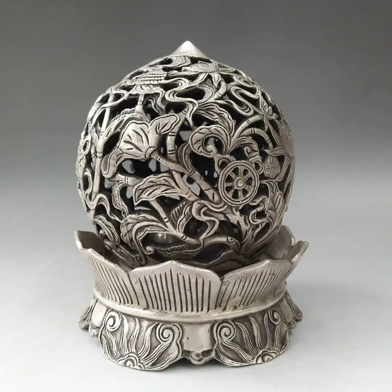 

Chinese Tibetan silver hand-carved lotus pattern hollowed-out incense burner