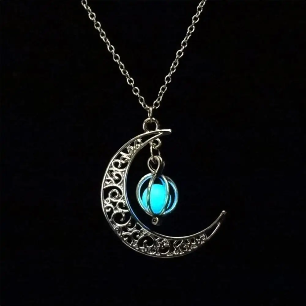 

2019 Bohemian Glowing Dark Pendant Lady Necklace Silver Plated Chain Long Night Moon Necklace Women Fashion Jewelry Necklace