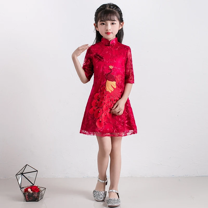 Китайский стиль девушки красный Cheongsam дети Hanfu костюмы китайский древний и традиционный народный танец платье танцевальная одежда для девушек DQL484