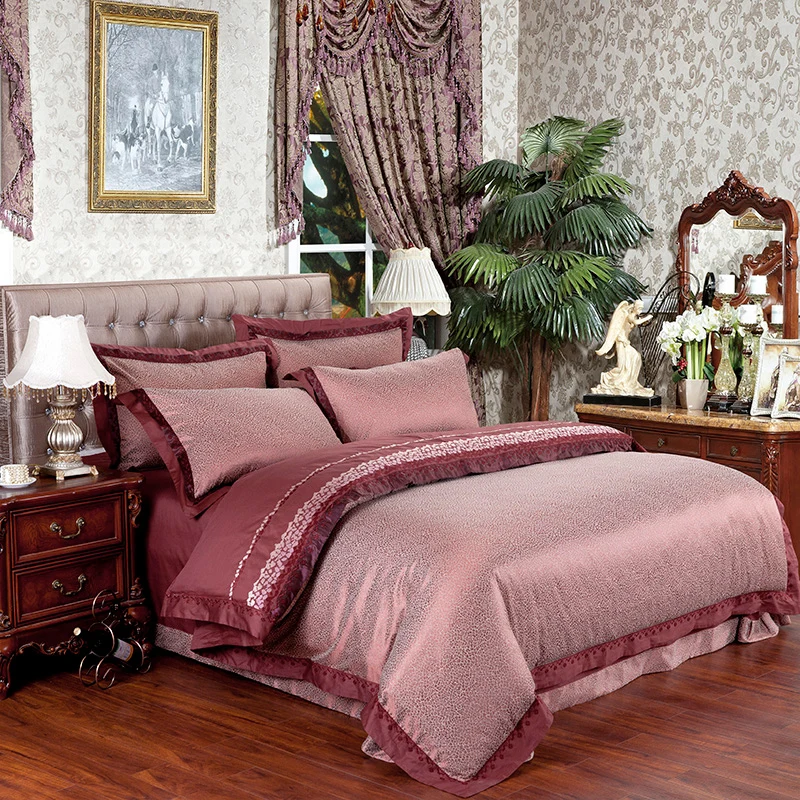 

2018 Wine Red Leopard Print Bedlinens Silk Cotton Blend Duvet Cover Set Jacquard Queen King Bed Cover Sheet Pillowcases