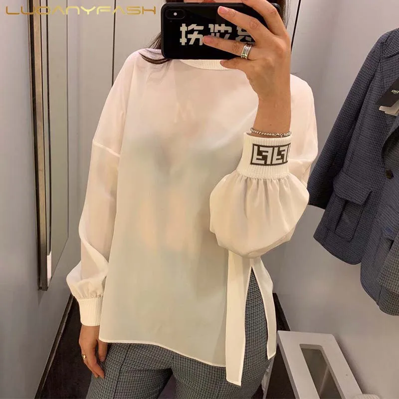 

Luoanyfash White black Shirts Open Fork Women Tops Loose Style Chiffon Blouse Lady High Quality Brand Shirt 2019 new Spring