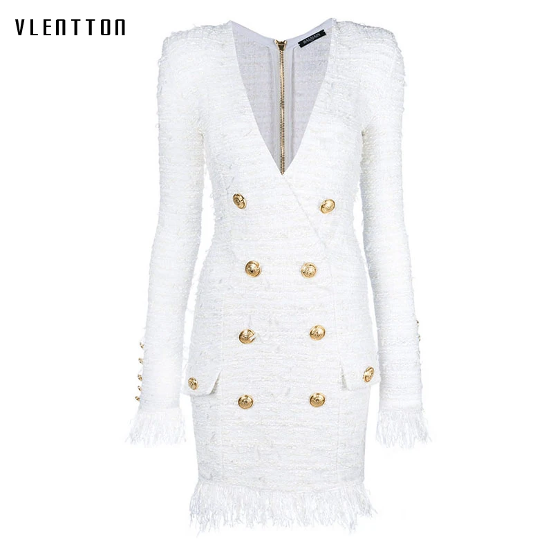 

High Quality Designer Sexy Mini White Dress Women V-neck Double Breasted Long sleeve Tassel Slim Tweed Party Dresses Vestidos