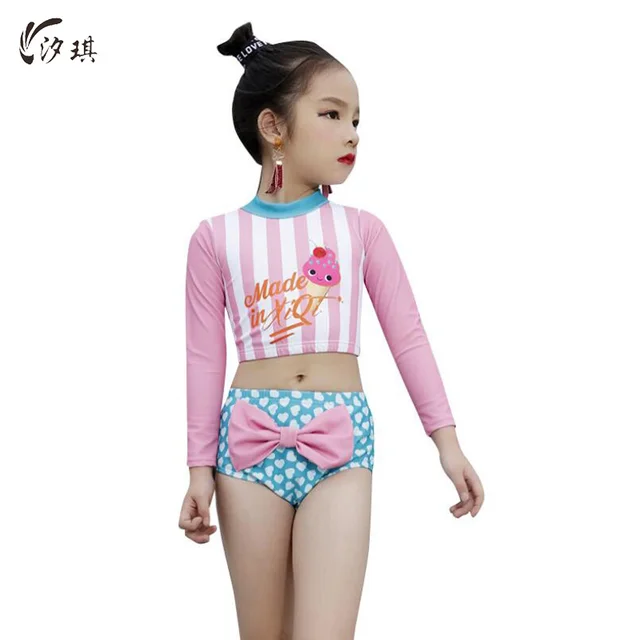 Special Offers xiqi kids girls striped high waist bikini long sleeve bikini-2018 Children's swimwear for girls May-female-beach full pants