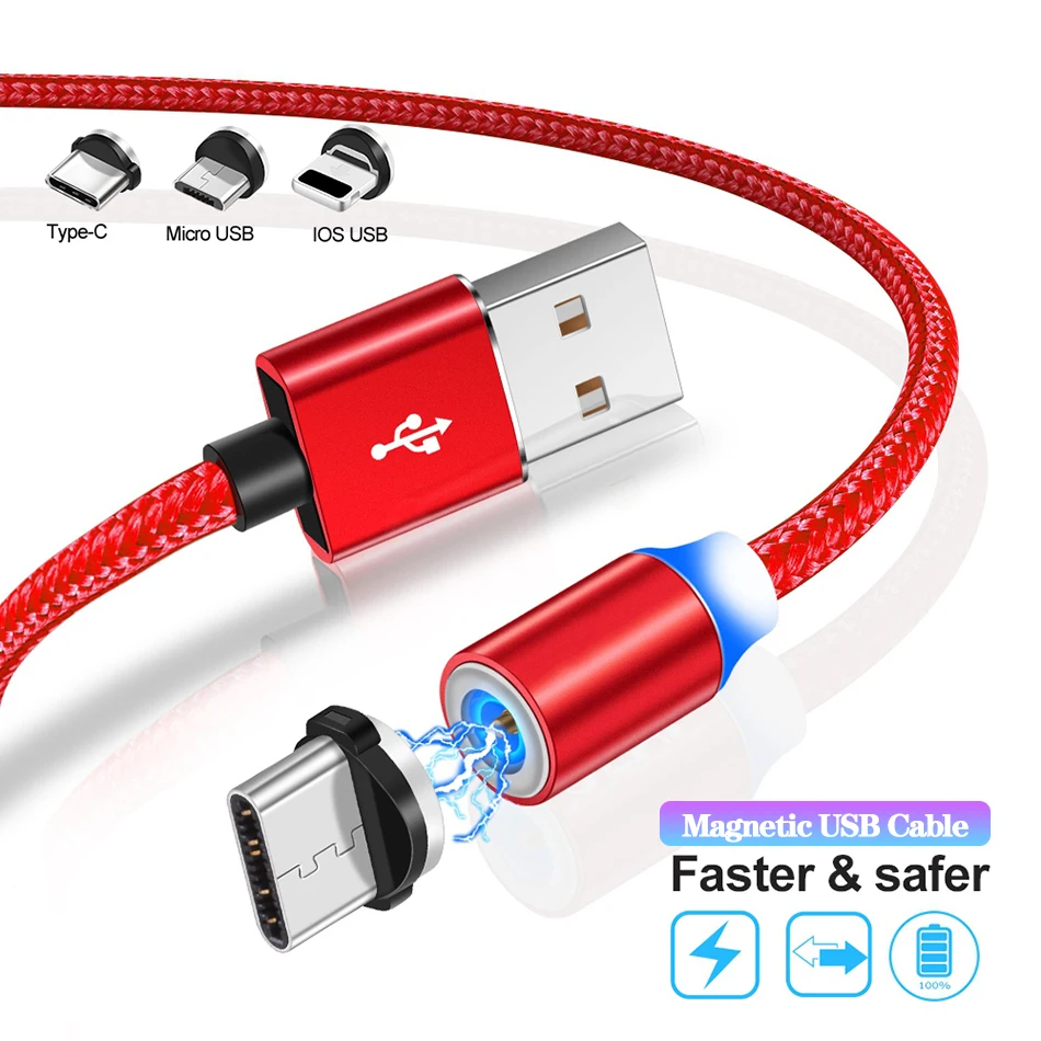 Магнитный кабель в оплетке 1 м светодиодный type-C Micro USB Магнитный usb кабель для зарядки iphone Xs samsung A50 S8 мобильный телефон USB C шнур