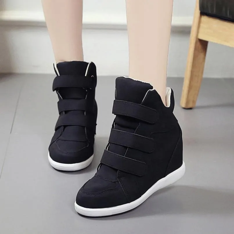 

Winter Women Boots Round Toe Increased Leather Ankle Boots Fashion Casual Wedges Heel Shoes 2018 Hook Women Shoes