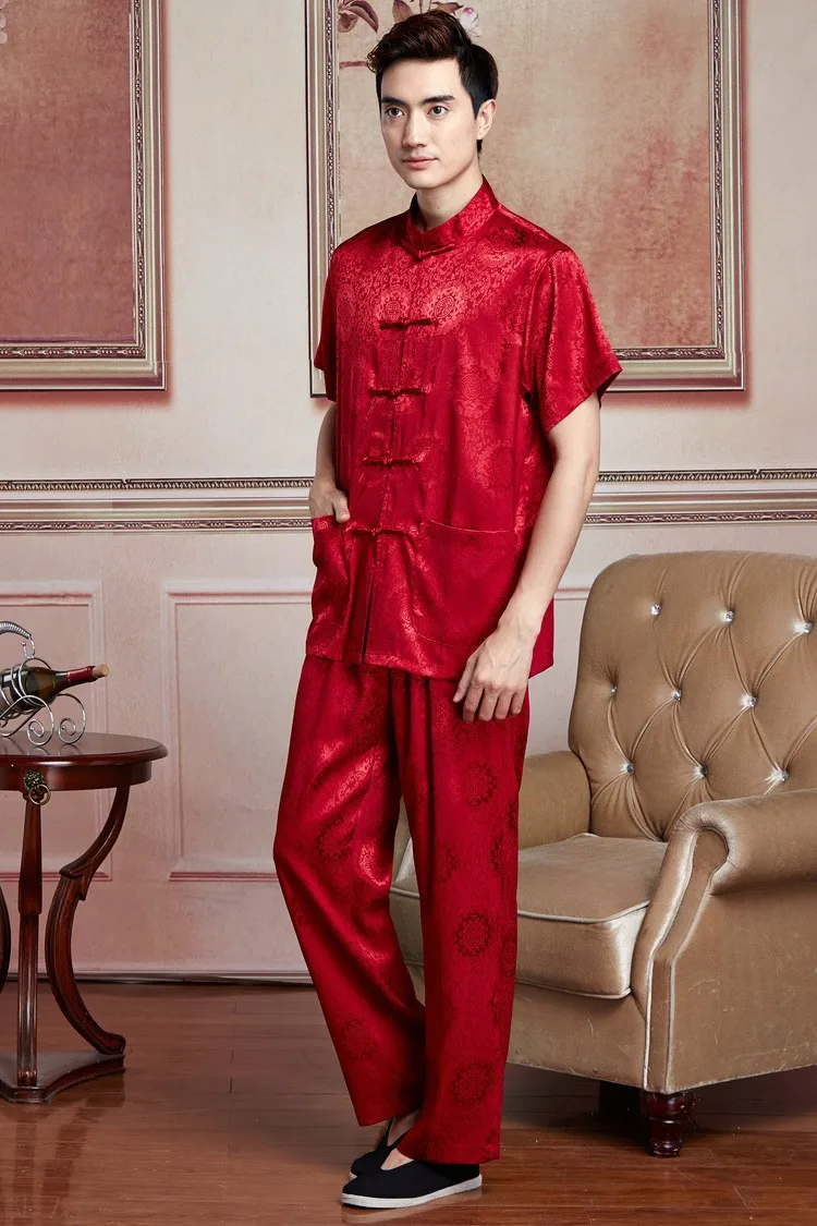 Бесплатная доставка Китайский кунг-фу набор мужчин Китайский Тай-чи костюм короткая рубашка + Штаны из искусственного шелка кунг-фу