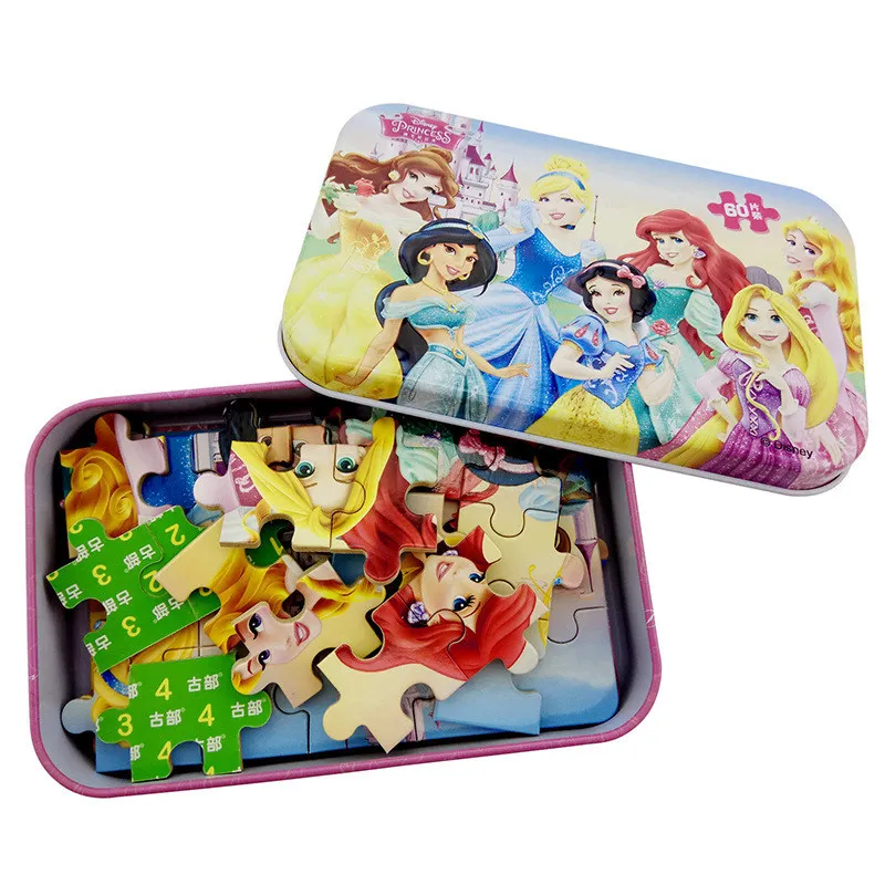 Disney Iron Box Puzzle Wooden Toys Early Learning 60 Pieces Mickey Ice Snow Princess Sophia Racing Puzzle