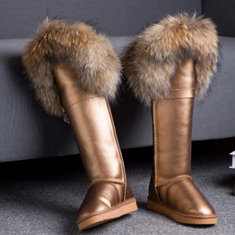 Luxury Winter Genuine Leather Snow Boots Natural Fox Fur Knee High Boots Waterproof Flat Heel Long Women Fur Boots Raccoon Fur