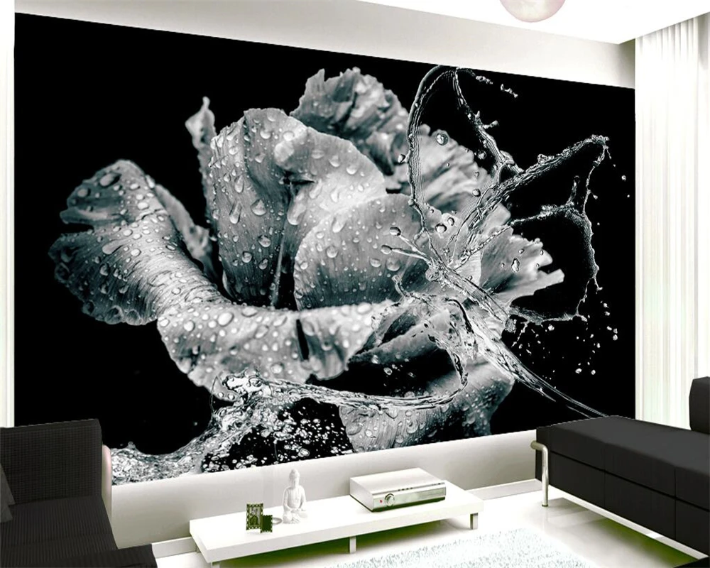 

beibehang Custom wallpaper water flower water drops butterfly black and white retro floral TV sofa background wall 3d wallpaper