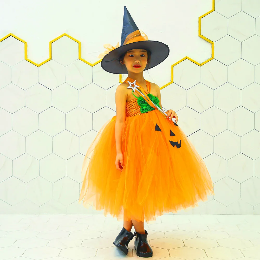 Orange Pumpkin Pattern Halloween Witch Outfit Tutu Dress Halloween Costumes for Teens Vampirina Birthday Mid Calf Flower Dress (14)