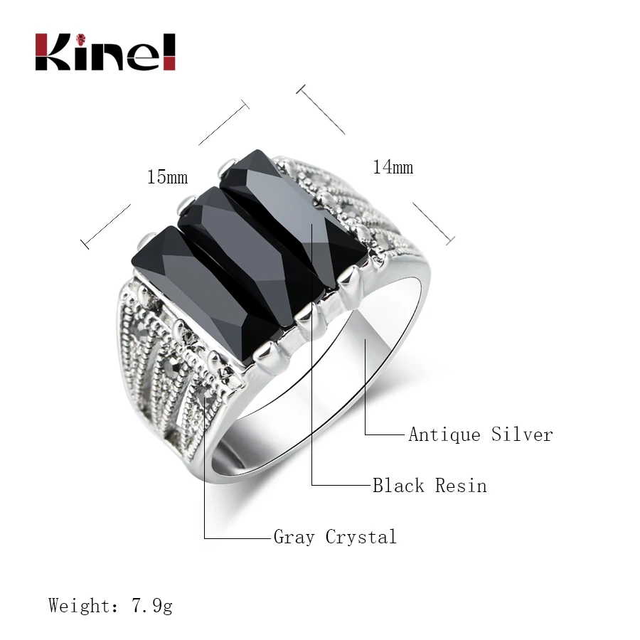 Kinel горячее готическое черное кольцо мужское античное серебряное мозаичное яркое Хрустальное винтажное ювелирное изделие большого размера 9 10 11 панк обручальное кольцо подарок