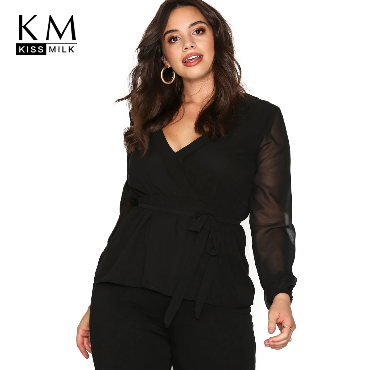 

Kissilk Plus Size Patchwork Chiffon Blouse Big Size Lace Up Long Sleeve V-Neck Female Large Size Lady Solid Women Clothing