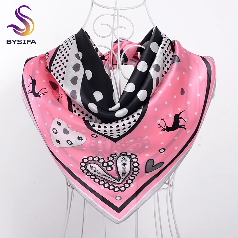 

[BYSIFA] Brand Pink Black Dot Silk Scarf Shawl Ladies Fashion Accessories Paisley Heart Deer Pattern 100% Silk Square Scarves