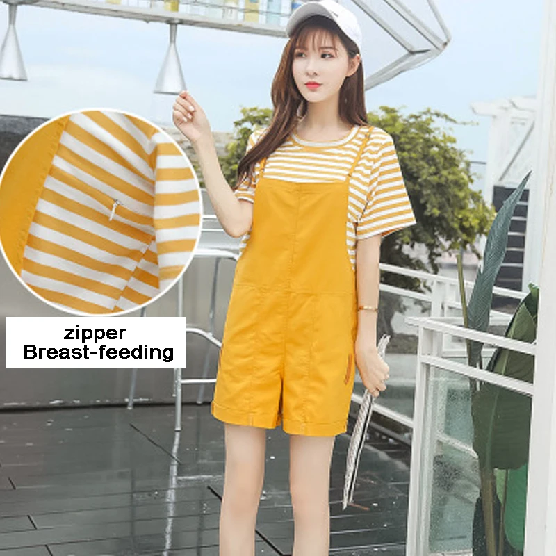 

Pregnant Women Suit Fashion Hot Mom Breastfeeding Sets Women Stripe Short-sleeved T-shirt + Suspenders Pants Maternity Clothes