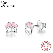 Серьги из стерлингового серебра 925 пробы с розовой эмалью, животное, собака, кошка, лапки, серьги-гвоздики для женщин, девушек, детей, модные ювелирные изделия
