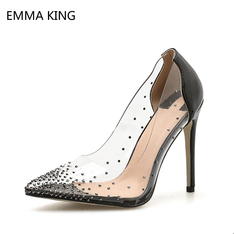 

Black Women Heels Clear Rhinestones Shoes Pointed Super High Heels Beads Slip On Pumps PVC Party Summer Shoes Zapatos De Mujer