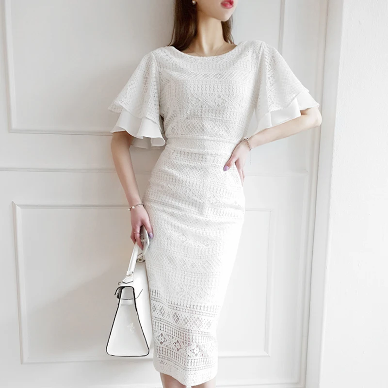 H Han queen, кружевное платье-карандаш с рукавом-бабочкой, женские летние открытые Длинные платья средней длины, OL, облегающее платье с круглым вырезом, Vestidos - Цвет: White