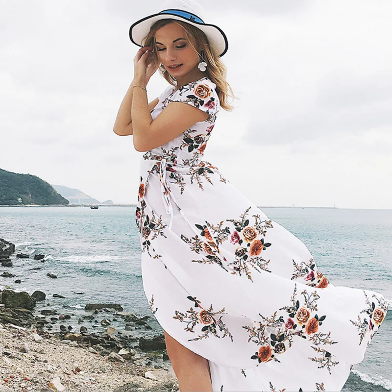2019 Short Sleeve Women Summer V Neck Boho Long Maxi White Floral Print