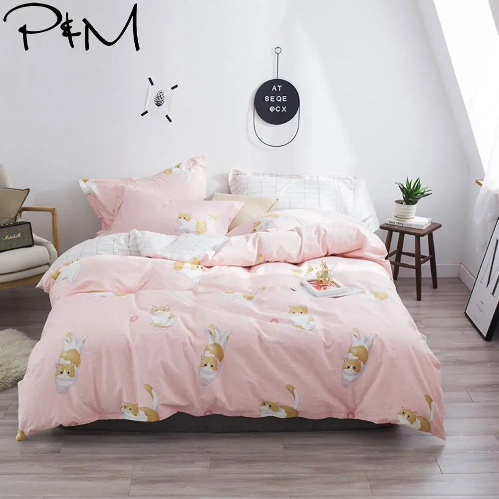 

2019 INS Light Pink Cats Cartoon Duvet Cover Set Twin Queen King Size Cotton Bedding Set Flat Sheet Bedlinens Bed Cover