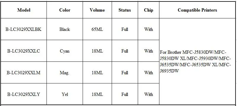 XIMO шт. 8 шт. Совместимый картридж для брата LC3029 LC3029XL костюм для BrotherMFC-J5830DW/MFC-J5830DW XL/MFC-J5930DW/MFC-J6535D