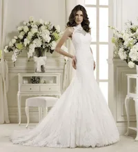 Free Shipping Gorgeous Fishtail Handmade Corset Bodice Sweep Train High Neck Wedding Dresses With Appliques WX11641