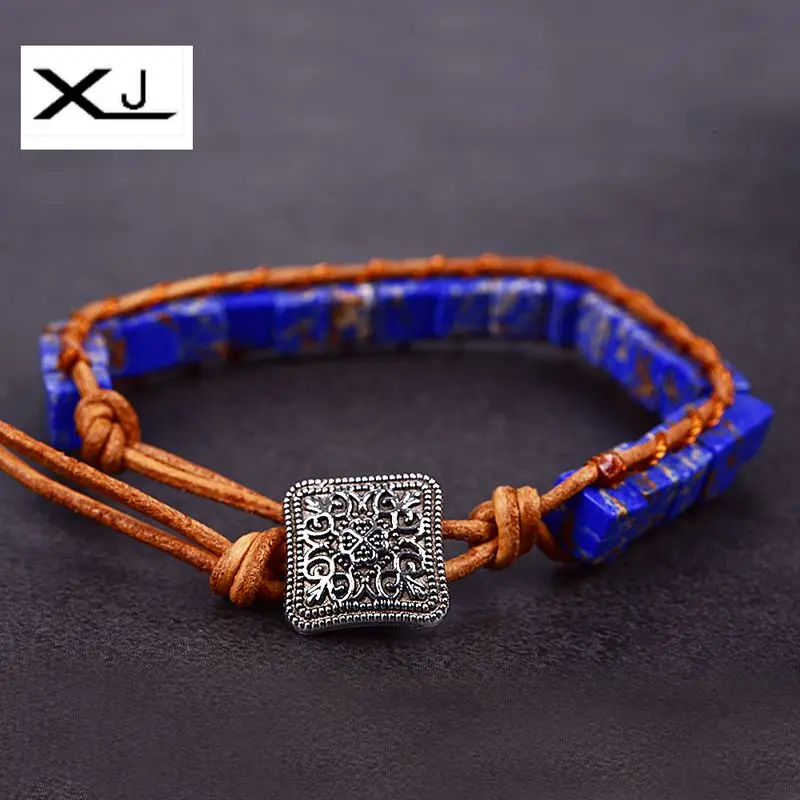 XJ Handmade Blue emperor stone Thread Tube Beads Leather Cowhide Rope Wrap Bracelets Jewelry Women Gift | Украшения и аксессуары