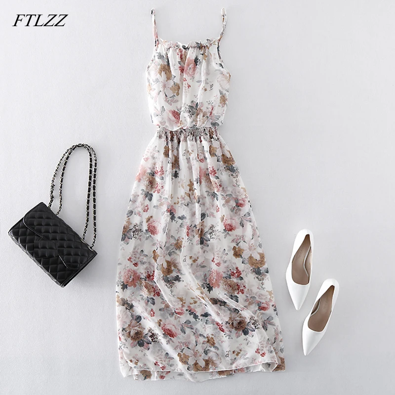

FTLZZ New Women Chiffon Floral Print Dress Summer Bohemian Beach Dress Evening Spaghetti Strap Party Dress Vestidos