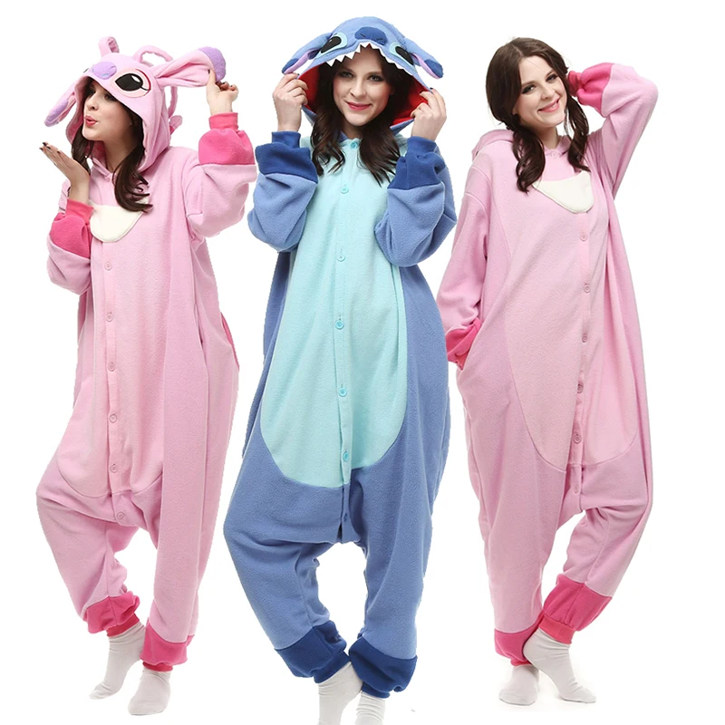 

2018 Women Onesies Cartoon Stitch kigurumi Blue & Pink Stitch Cosplay Hooded Sleepwear Winter Unisex Pajamas Halloween Costumes