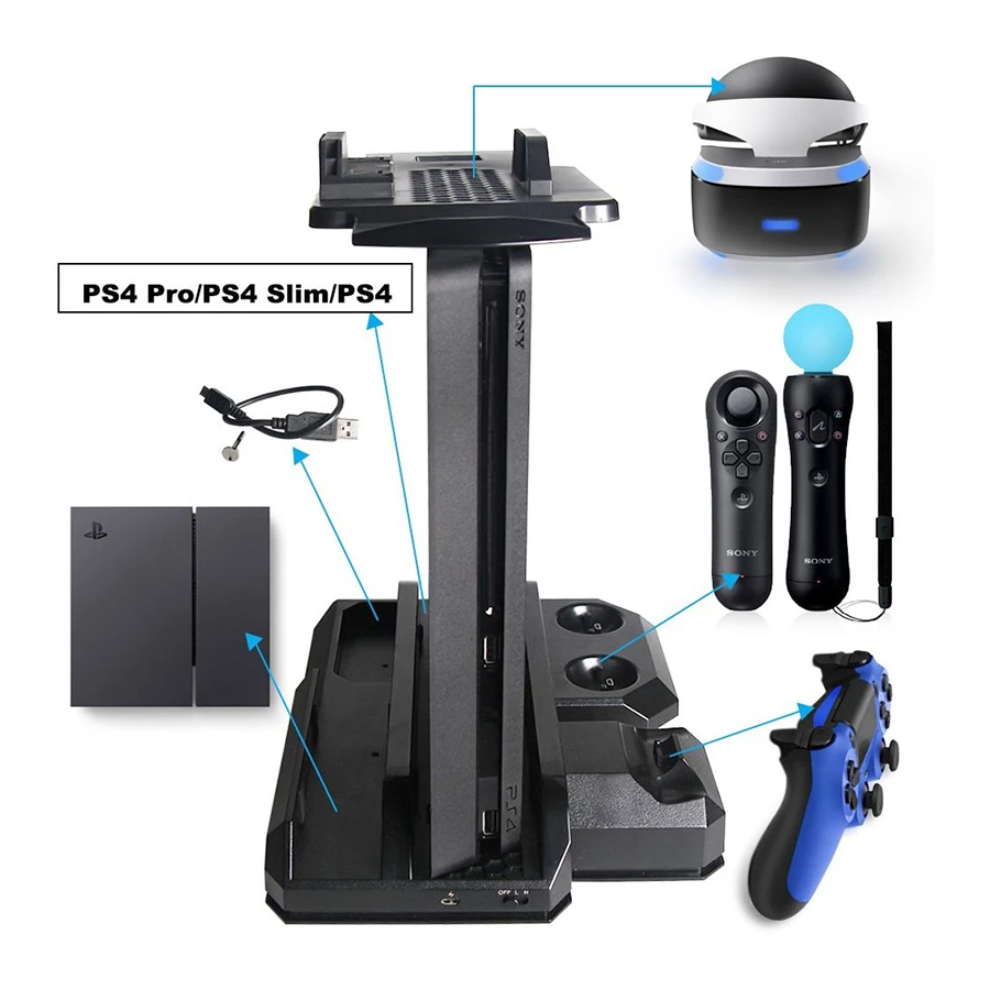  PS4 Pro Slim & PS VR Multifunctional Vertical Cooling Stand Cooler PS Move & PS4 Controller Chargin