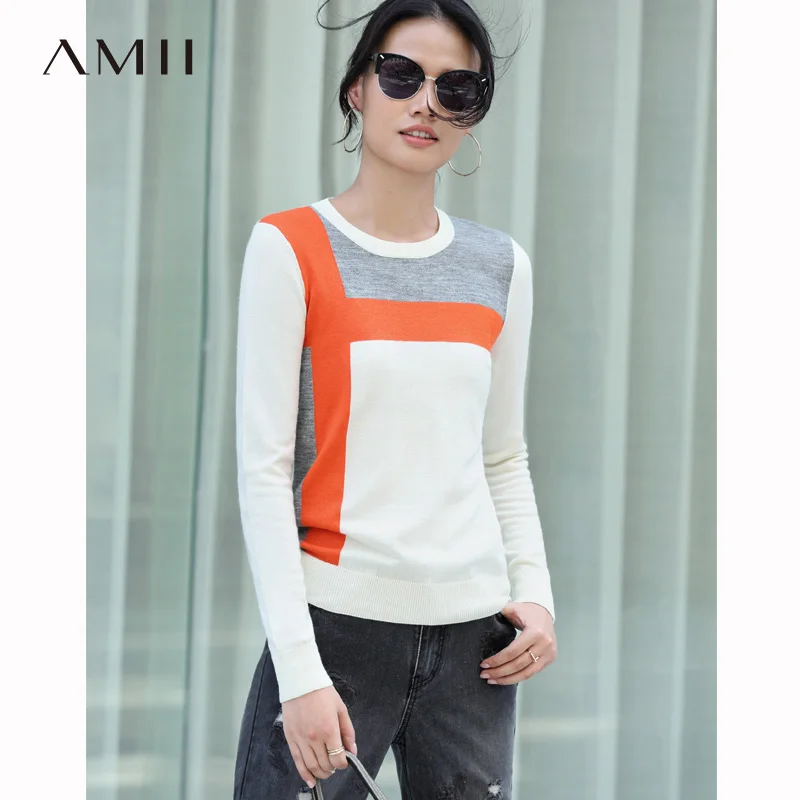 

Amii Minimalist Wool Sweater Women Autumn 2018 Causal Patchwork O-neck Argyle Long Sleeve Pullover Female Plus Size Sweater