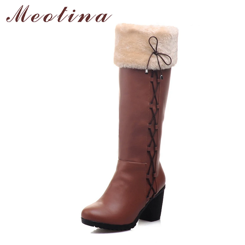 

Meotina Boots Women Winter Snow Boots Fur Shoes Ladies Knee High Boots Bow Chunky High Heels Black Brown Large Size 42 43 9 10