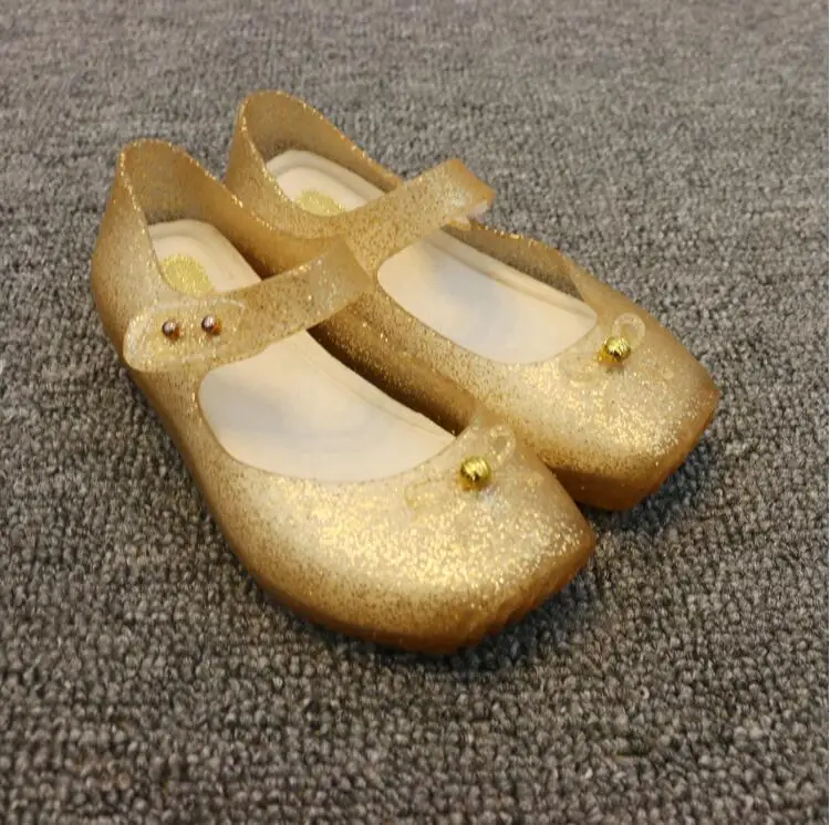 Модная детская балетная обувь для девочек, балетные туфли с желе и бантом, мягкие удобные детские сандалии высокого качества, 3 цвета - Цвет: Золотой
