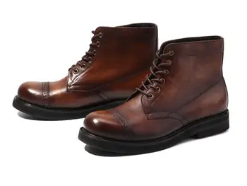 

2 colour Fashion men lace-up Bullock carved Ankle boots Genuine Leather round toe high-top dress oxford party wedding shoes