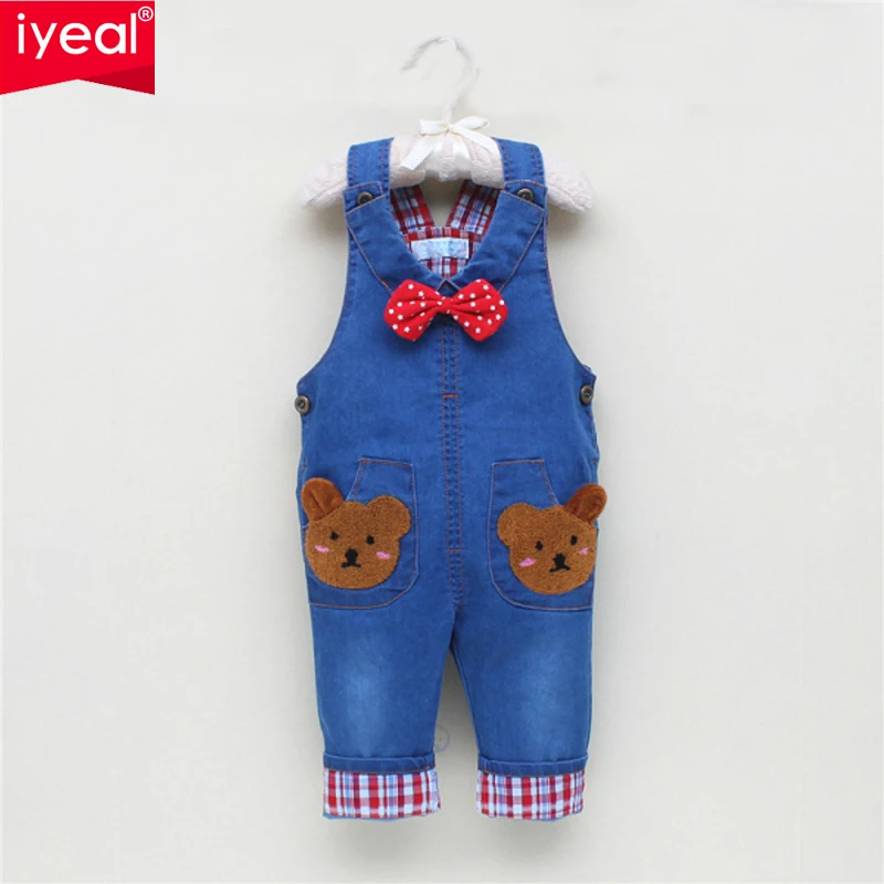 New Baby Denim Overalls with Bow Tie Spring 2016 Kids Jeans Coveralls