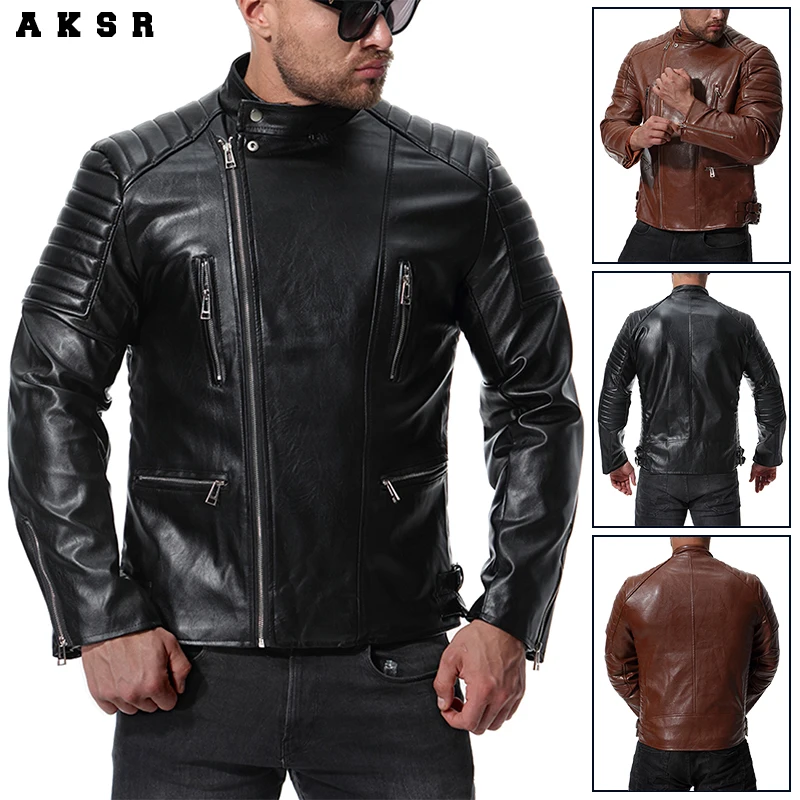 AKSR Men Fashion Faux LeatherJackets Winter Casual Warm Leather Jackets